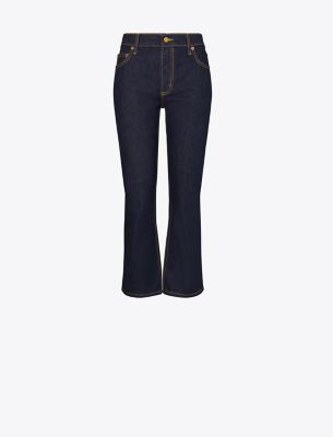 Shop Tory Burch Cropped Flare Jeans In Dark Wash