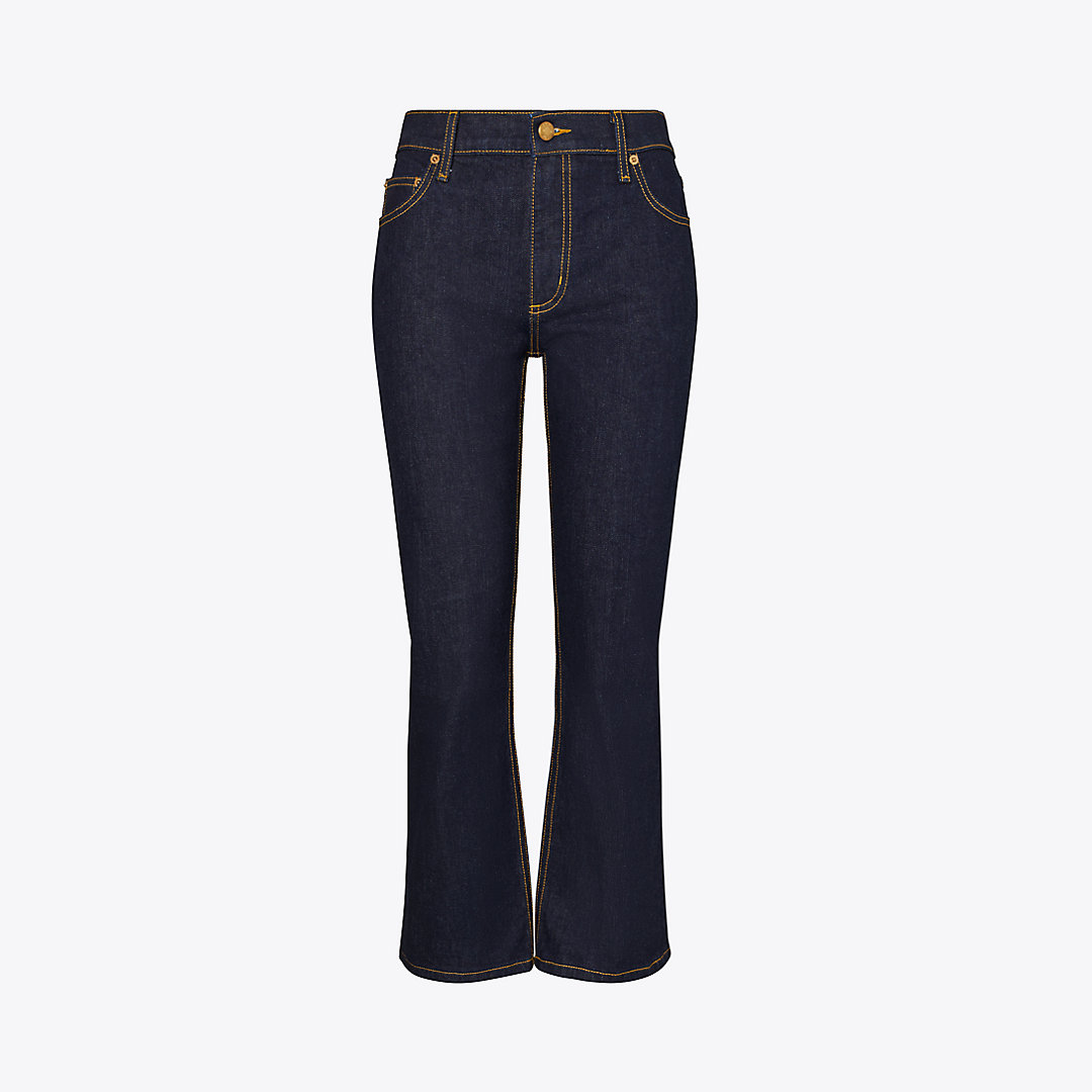 Shop Tory Burch Cropped Flare Jeans In Dark Wash