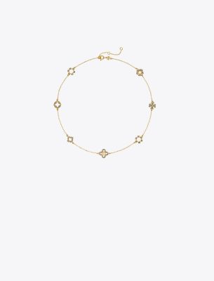 Tory Burch Kira Clover Pavé Necklace In Tory Gold/crystal