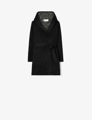 Shop Tory Burch Hooded Wool Coat In Black/gray T Monogram