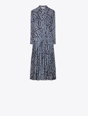 Tory Burch Printed Pleated Silk-twill Midi Shirtdress In Navy Warped Gingham