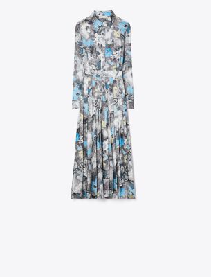 Tory Burch Printed Pleated Silk Twill Dress In Blue Abstract Floral