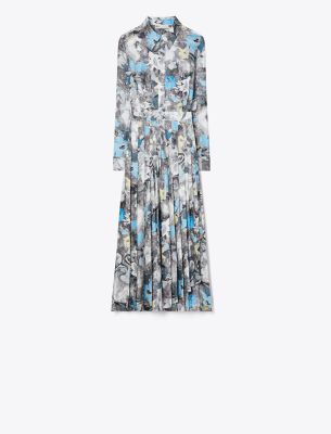 Shop Tory Burch Printed Pleated Silk Twill Dress In Blue Abstract Floral