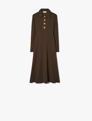 Tory Burch Solid Crepe Shirtdress In Dark Cocoa