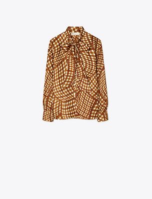 TORY BURCH PRINTED SILK TWILL BOW BLOUSE