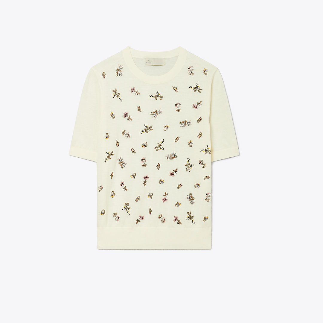 Tory Burch Embellished Merino Top In New Ivory