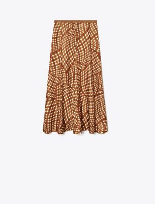 Tory Burch Printed A-line Silk Twill Midi Skirt In Brown Warped Gingham