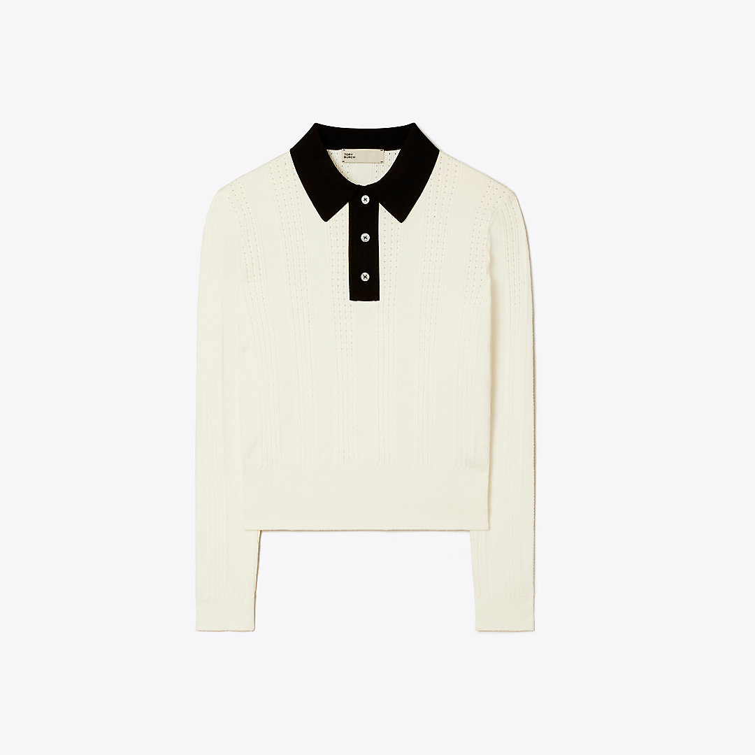 Tory Sport Tory Burch Long Sleeve Cotton Pointelle Polo In New Ivory