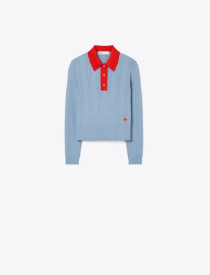 Tory Sport Tory Burch Long-sleeve Cotton Pointelle Polo In Seafaring/radiant Red