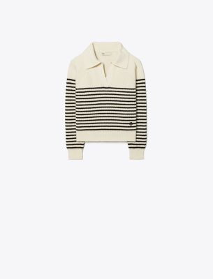 Tory Sport Tory Burch Striped Open Collar Wool Sweater In Ivory Pearl/black