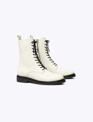 Tory Burch Embossed Logo Lace-up Combat Boot In Blanc