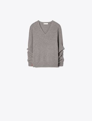 Tory Burch Wool V-neck Sweater In Nickel Gray Heather