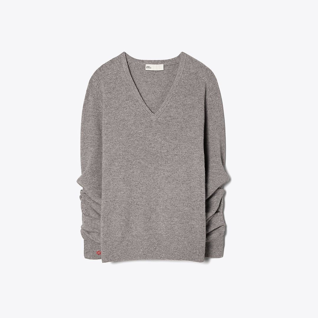Tory Burch Wool V-neck Sweater In Nickel Gray Heather