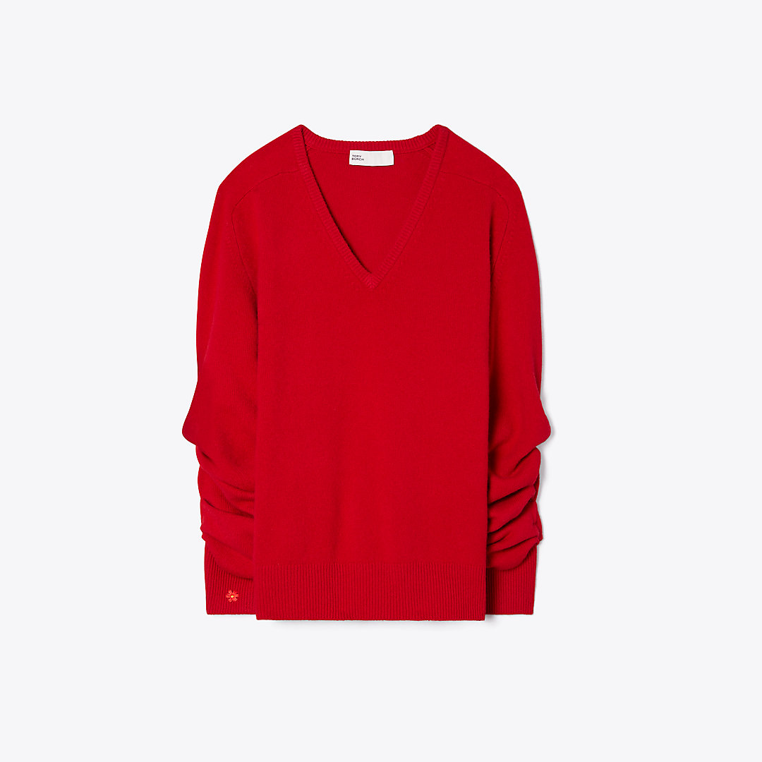 Tory Burch Wool V-neck Sweater In Red Hyacinth