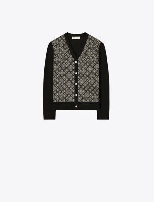 Tory Burch Monogram Print Silk And Wool Cardigan In Black/black T Monogram Mini