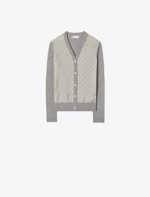 Tory Burch Merino Wool-silk Panel Cardigan In Shadow Gray Melange T Monogram Mini