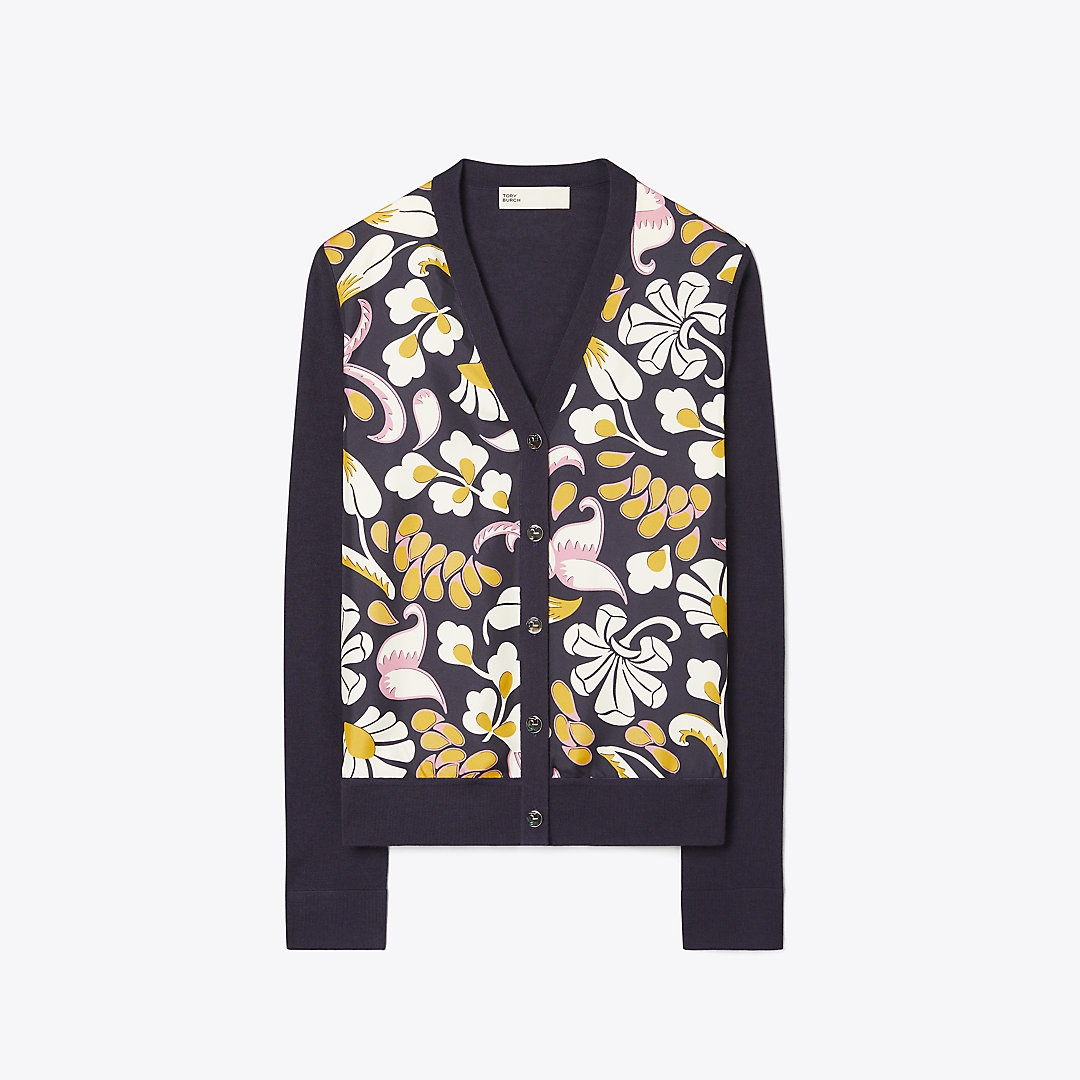 Tory Burch Silk Front Cardigan In Tropical Navy
