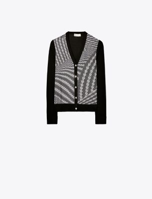 Tory Burch Silk Front Cardigan In Black/black Warped Lace