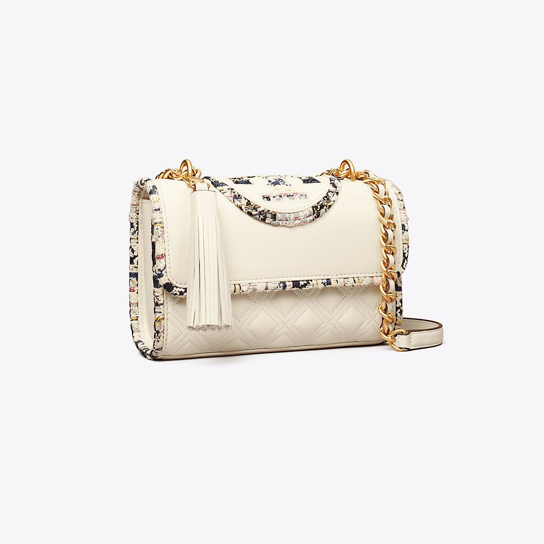 Tory Burch Small Fleming Tweed Border Convertible Shoulder Bag In New Ivory
