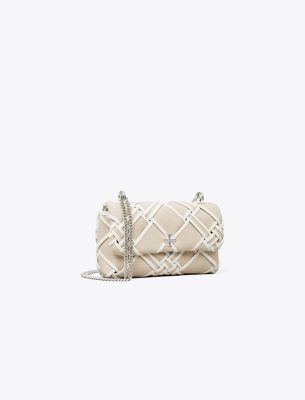 Tory Burch Mini Kira Woven Canvas Flap Bag In Natural/blanc