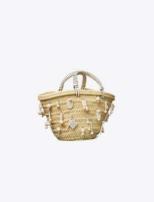 Shop Tory Burch Small Raffia Embroidered Tote In Light Cream