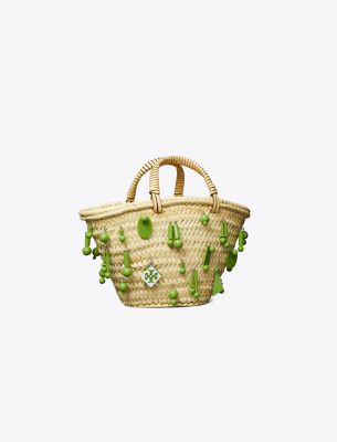 Shop Tory Burch Small Raffia Embroidered Tote In Wild Leaves