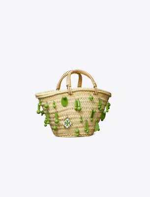 Tory Burch Small Raffia Embroidered Tote In Wild Leaves