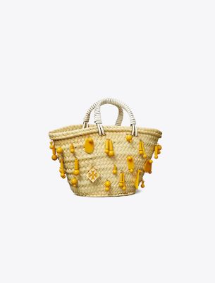 Shop Tory Burch Small Raffia Embroidered Tote In Cassia