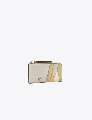 Tory Burch Robinson Colourblock Patchwork Top-zip Card Case In Feather Grey