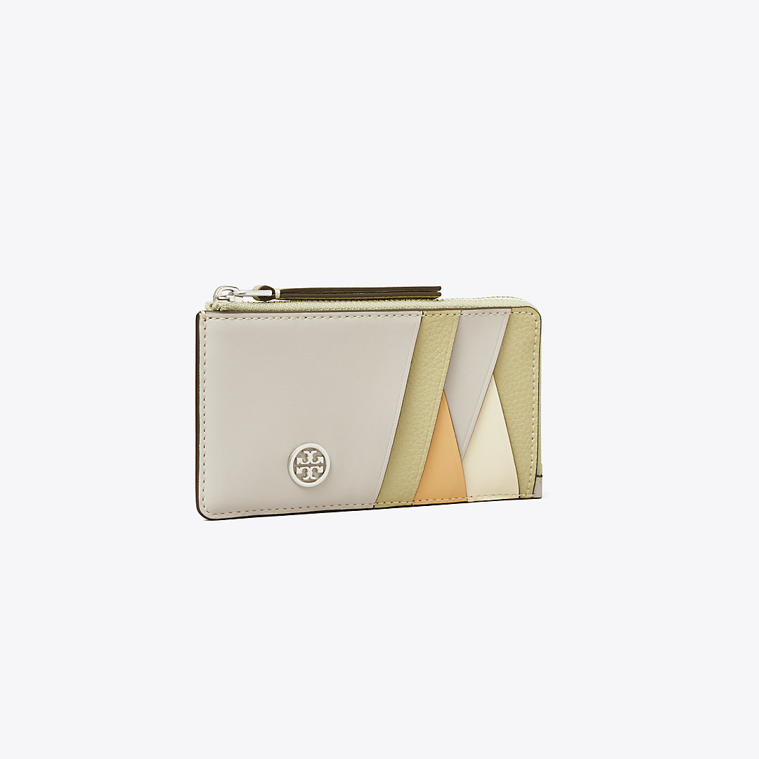 Tory Burch Robinson Colorblock Patchwork Top-zip Card Case In Feather Gray