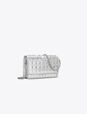 Tory Burch Fleming Metallic Quilt Chain Wallet In Silver