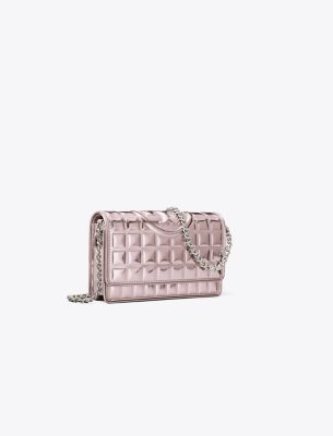 Tory Burch Fleming Metallic Quilt Chain Wallet In Sparkle Pink