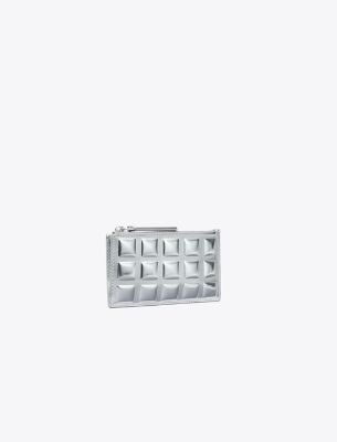 Tory Burch Fleming Metallic Square Quilt Zip Card Case In Silver