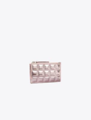 Tory Burch Fleming Metallic Square Quilt Zip Card Case In Sparkle Pink