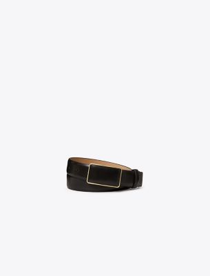 Tory Burch Smooth Leather Plate Belt In Black/gold