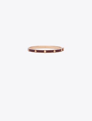 Shop Tory Burch Miller Stud Enamel 5mm Hinge Bracelet In Rose Gold/burgundy