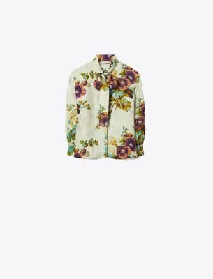 Tory Burch Printed Viscose Bow Blouse In Purple Traditional Floral