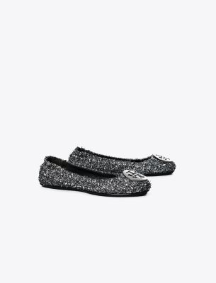 Tory Burch Silver Silver Minnie Tweed Ballet Flats In Silver Confetti/gunmetal