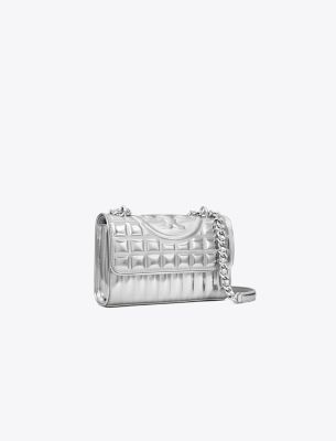 Tory Burch Small Fleming Metallic Quilt Convertible Shoulder Bag In Silver