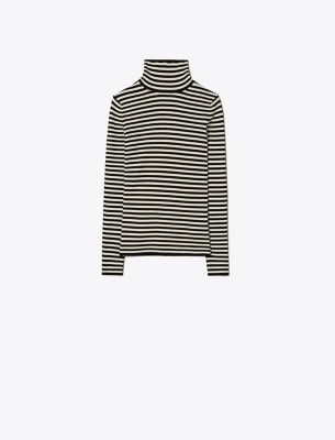 Tory Sport Tory Burch Striped Wool Ribbed Turtleneck In Black/ivory Pearl