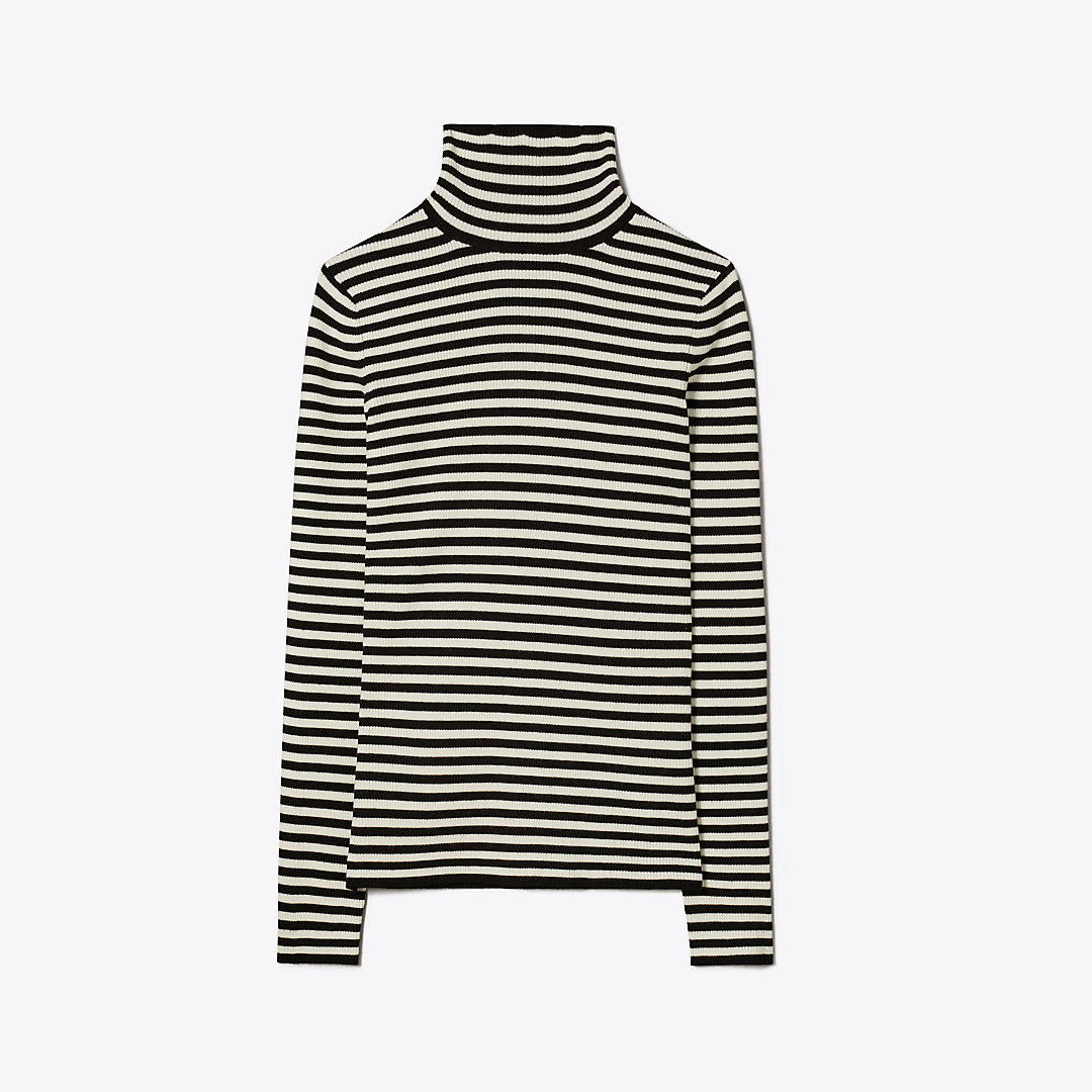 Tory Sport Tory Burch Striped Wool Ribbed Turtleneck In Black/ivory Pearl
