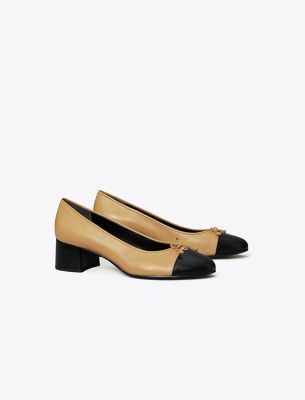 Tory Burch Beige And Black Ballet Flats With Bow Detail And Bi-color Toe In Smooth Leather Woman In Ginger Mousse/perfect Black