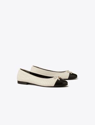 Tory Burch Quilted Cap Toe Ballet Flat In Light Cream/perfect Black