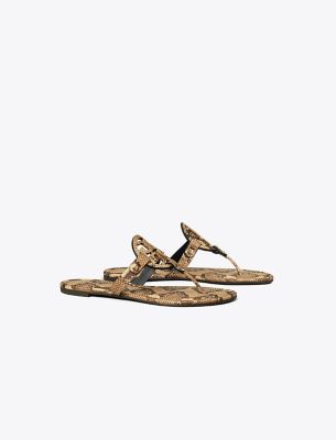 Shop Tory Burch Miller Snake Embossed Leather Sandal In Desert Dusk Roccia