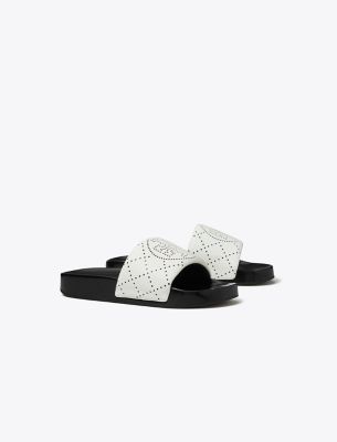Tory Burch Double T Pool Slides In Bianco/nero