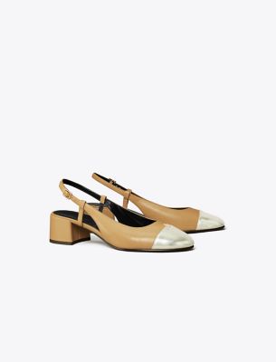 Tory Burch Bicolor Cap-toe Slingback Pumps In Ginger Shortbread/spark Gold