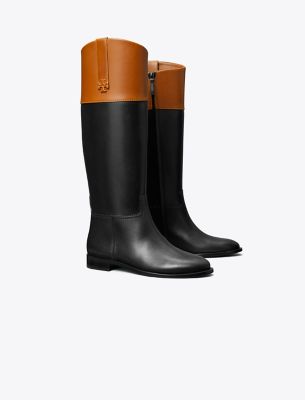 Tory Burch Bicolor Leather Double T Riding Boots In Perfect Black/bourbon