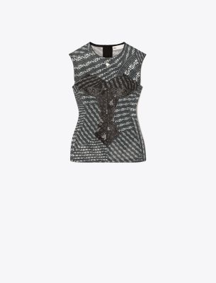 Tory Burch Printed Mesh Top In Black Warped Lace