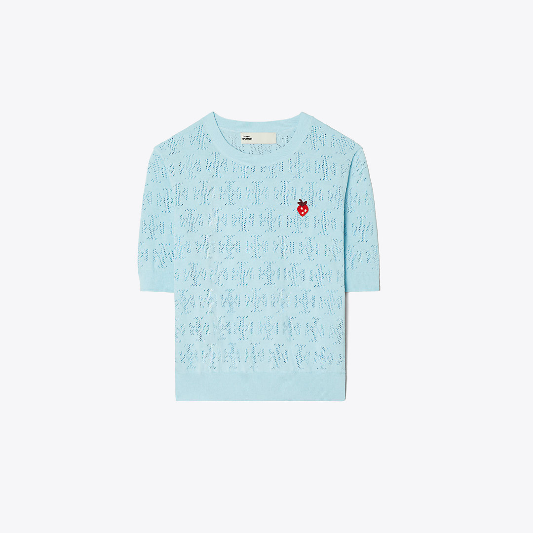 Shop Tory Sport Tory Burch T Monogram Strawberry Sweater In Spring Blue
