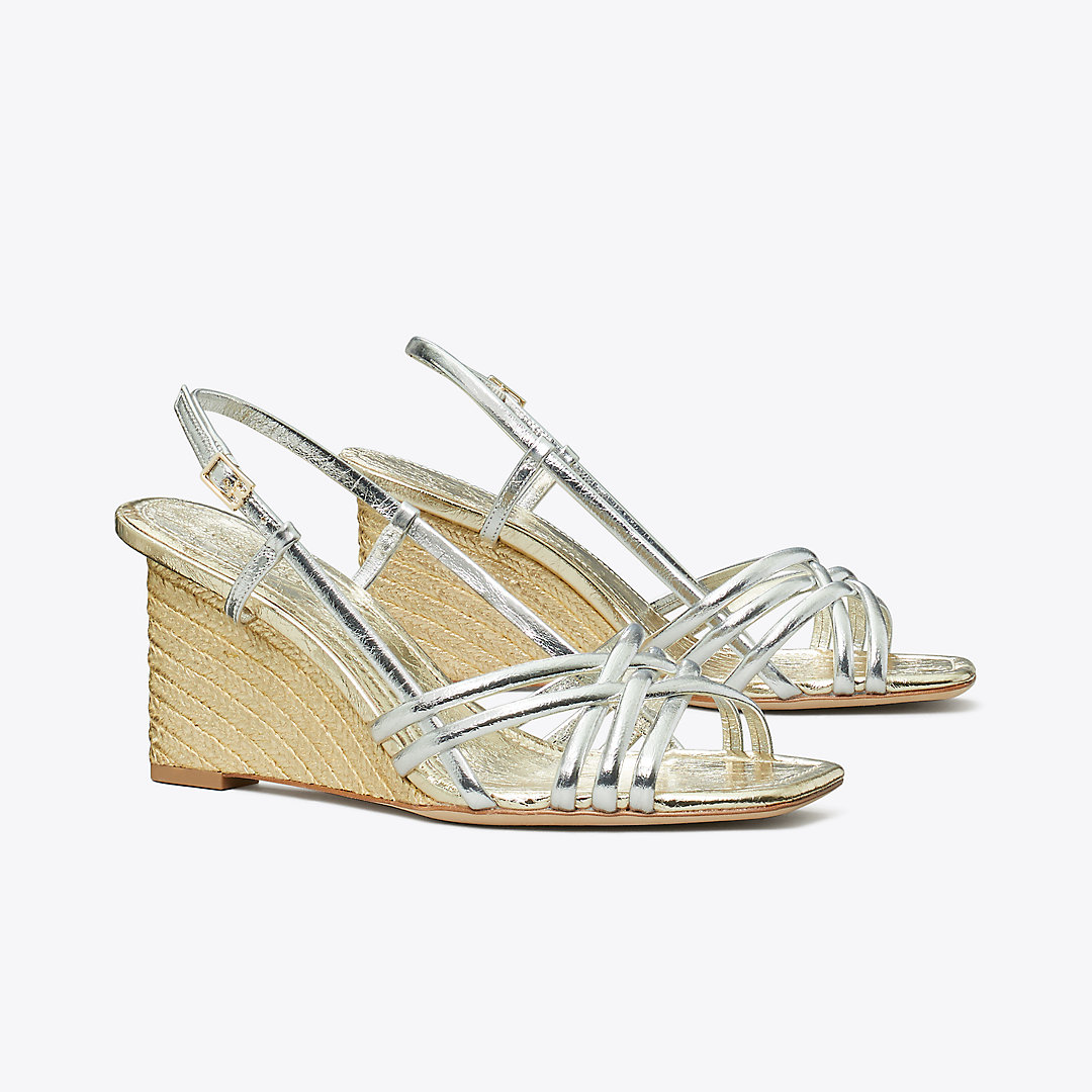 Shop Tory Burch Multi-strap Espadrille Wedge Sandal In Shiny Silver/spark Gold/spark Gold